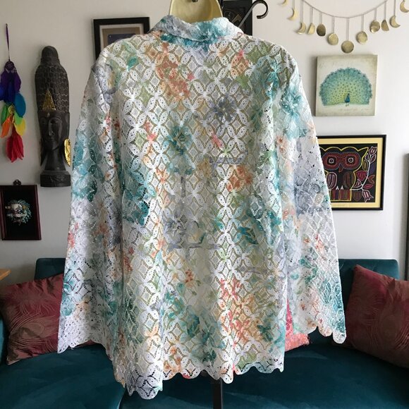 ALFRED DUNNER size L Sheer White Green & Rust Lace Open Jacket Top - Picture 4 of 5